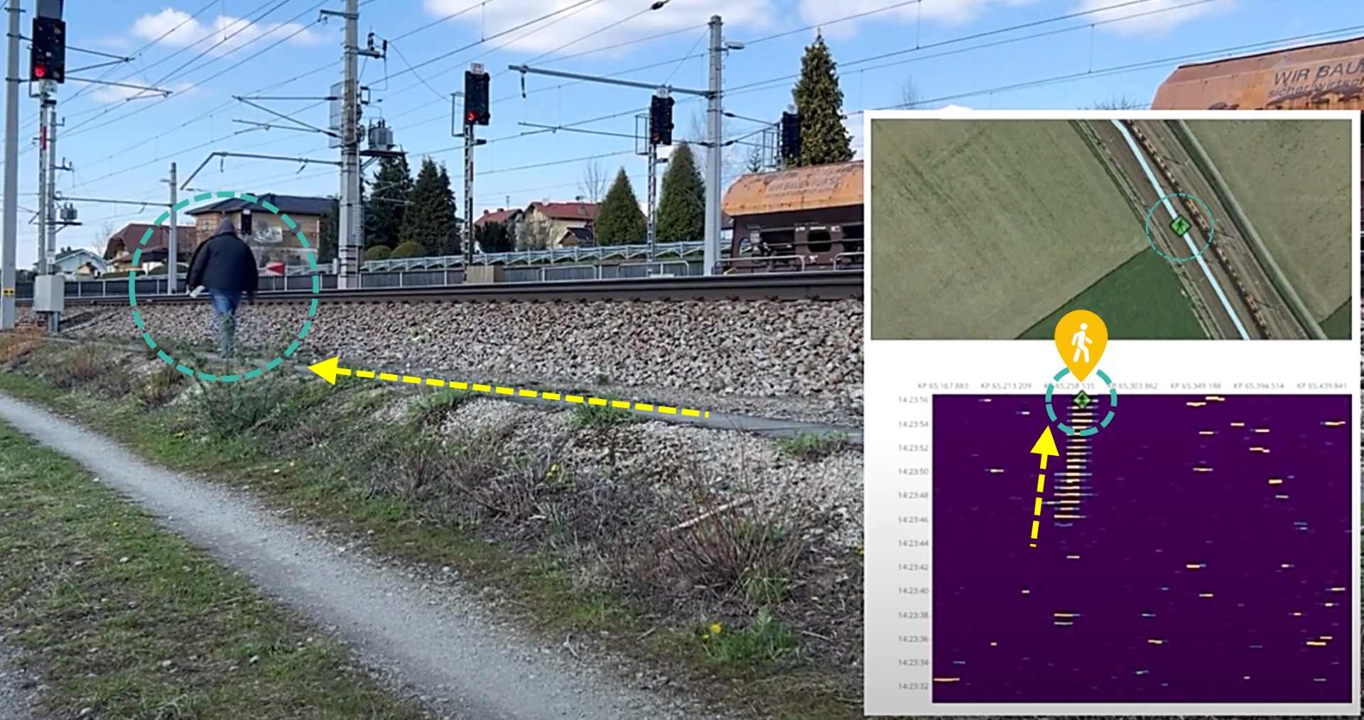 Video image from security application demonstration. Inset bottom shows the recorded vibration created by the footsteps, and the inset top shows geolocated location