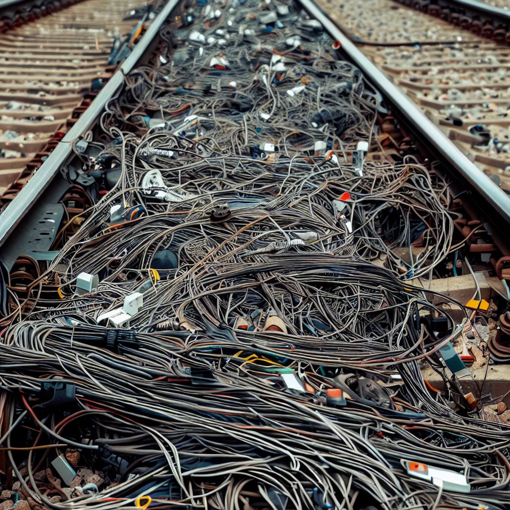 A railway track covered by cables and wires