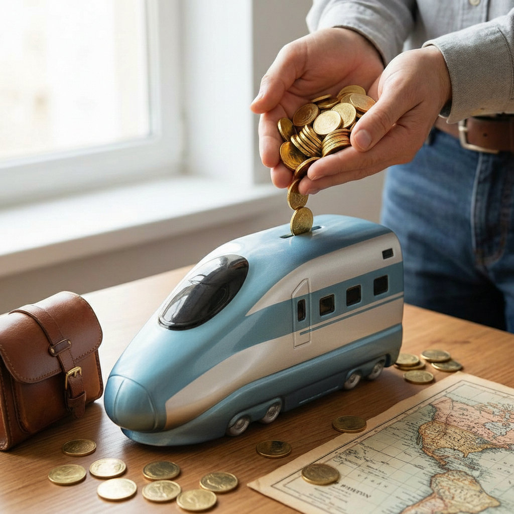 Money being put into a train shaped piggy bank