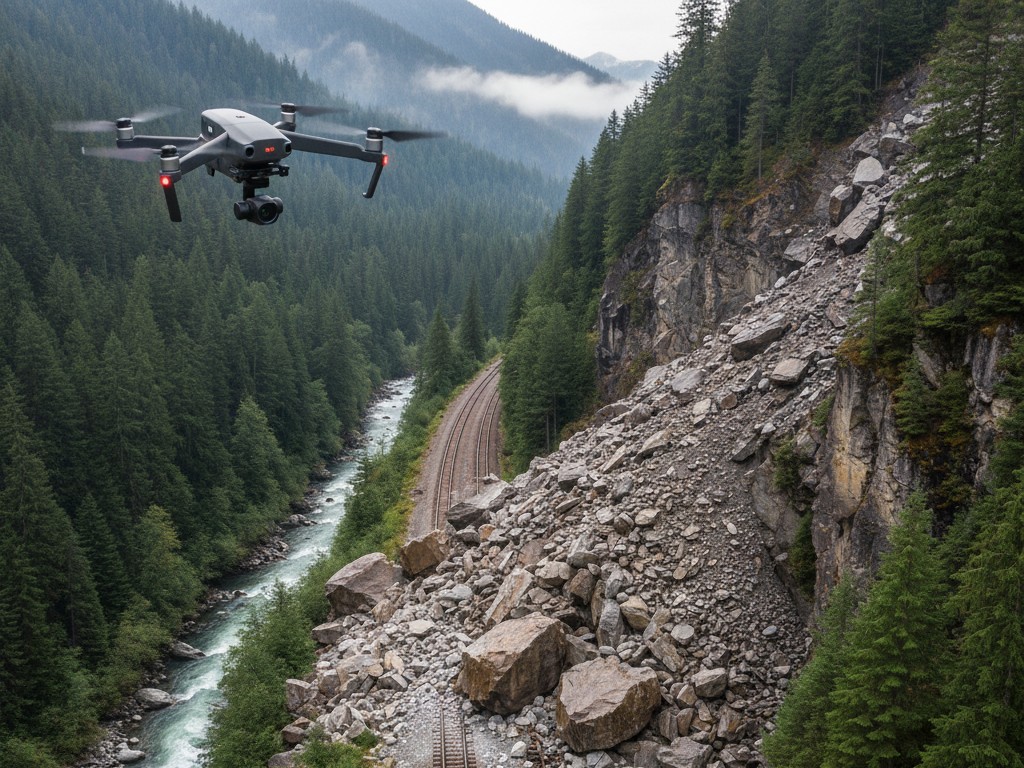 A drone hovering over a railway rockfall / landslide