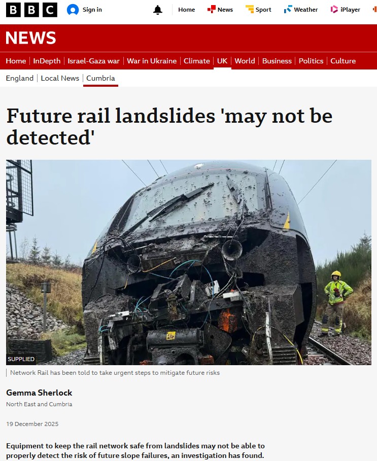 A screenshot from BBC news of a railway accident caused by a landslide