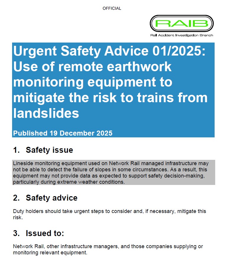 Screenshot of urgent safety advice issued after landslide monitoring system failure to prevent railway accident