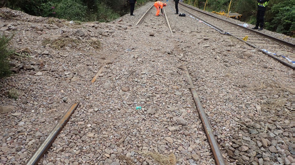 Landslide debris over the track that caused the Stonehaven / Carmont rail accident