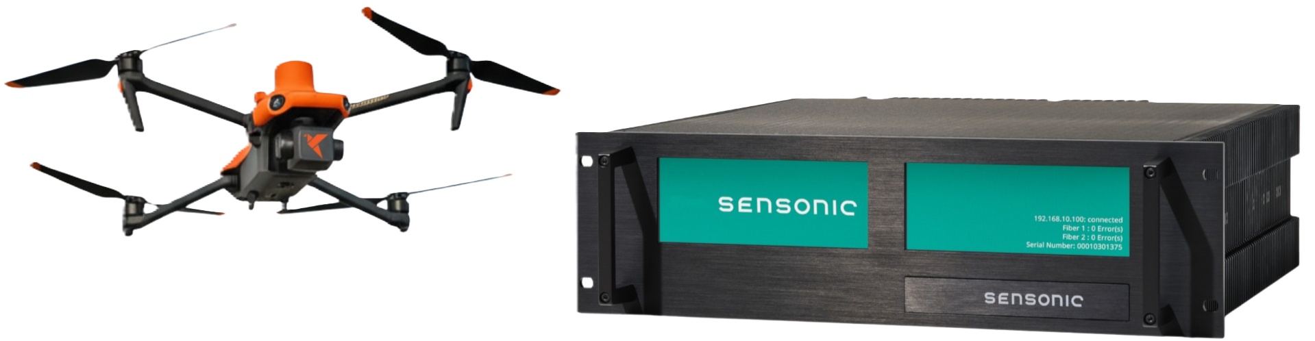 A Sensonic Distributed Acoustic Sensing device beside a drone / UAV