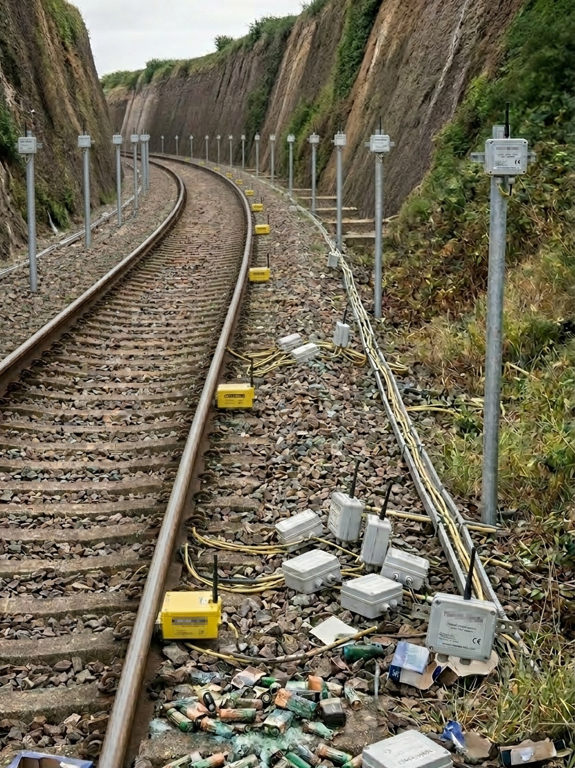 A large number of sensors monitoring a railway