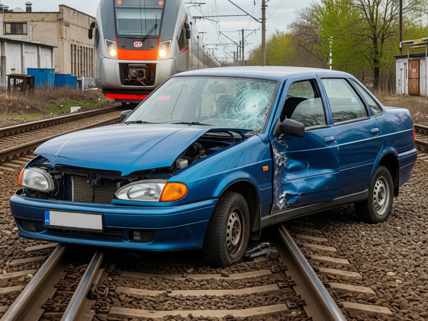 A crash damaged car abandoned on a railway track. A train approaches from the background