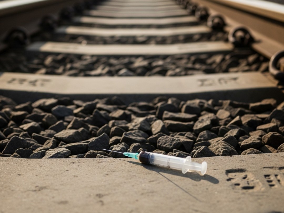 A close up photo of a used needle and syringe from drug use discarded on top of the railway track.