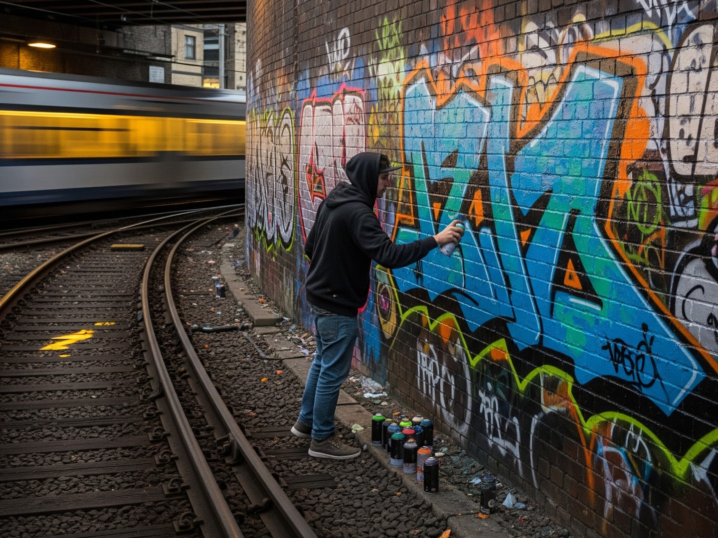 A graffiti artist spraying paint onto a railway wall. A train passes in the background