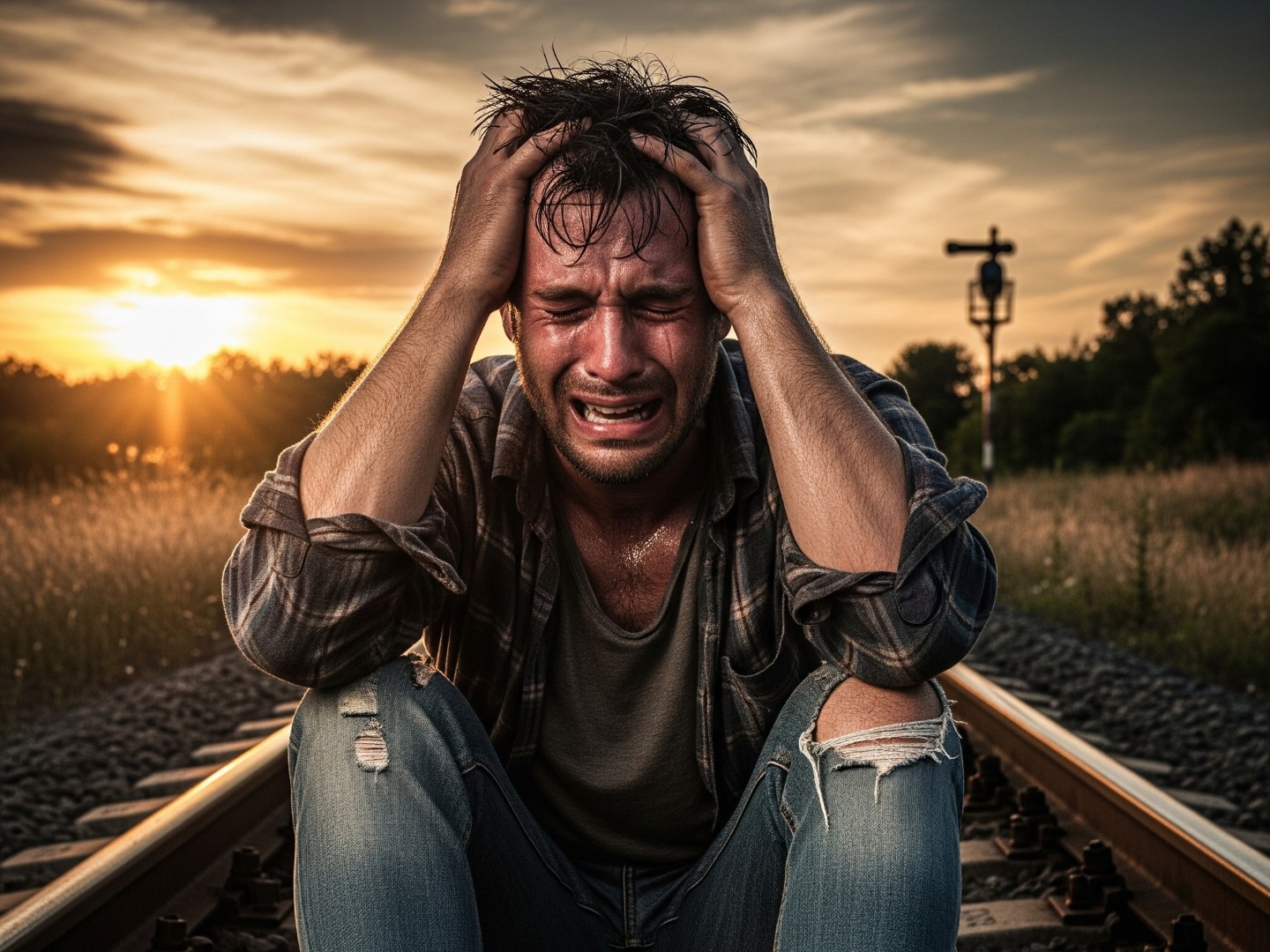 Someone in pain, or mental anguish sat on railway tracks with their head in their hands crying. 