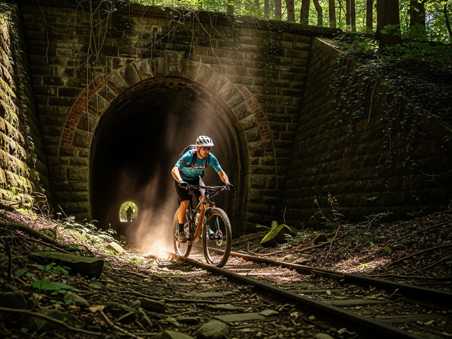 A mountain bike riding out of a railway tunnel