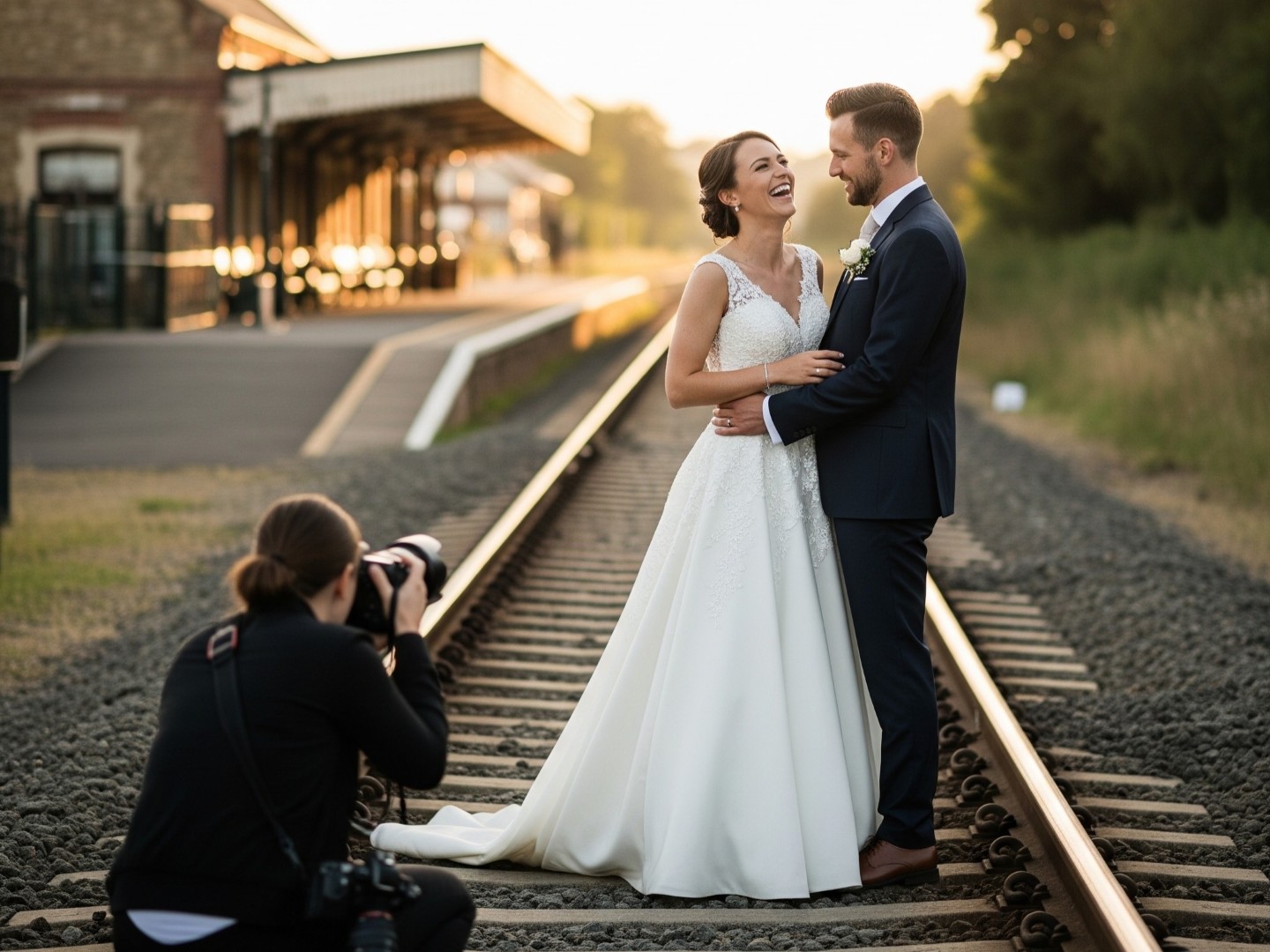 A photographer taking photos of a bride and groom stood on a railway track