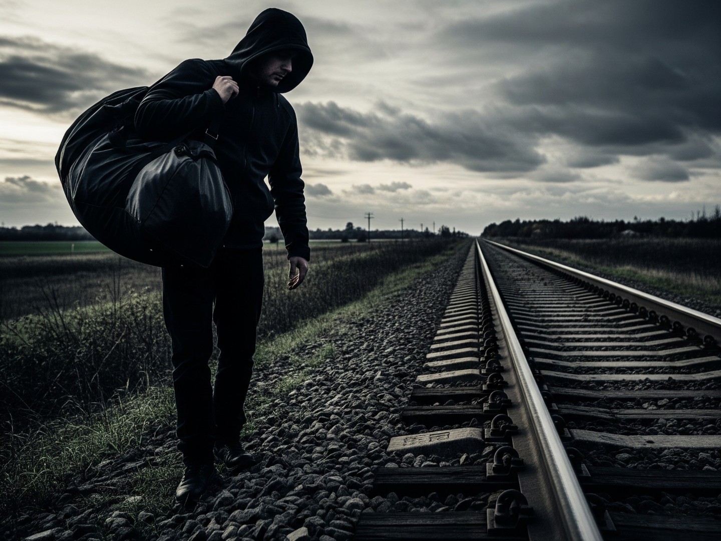A dark hooded figure in an isolated railway location carrying a large bag. The figure appears to be about to sabotage the tracks