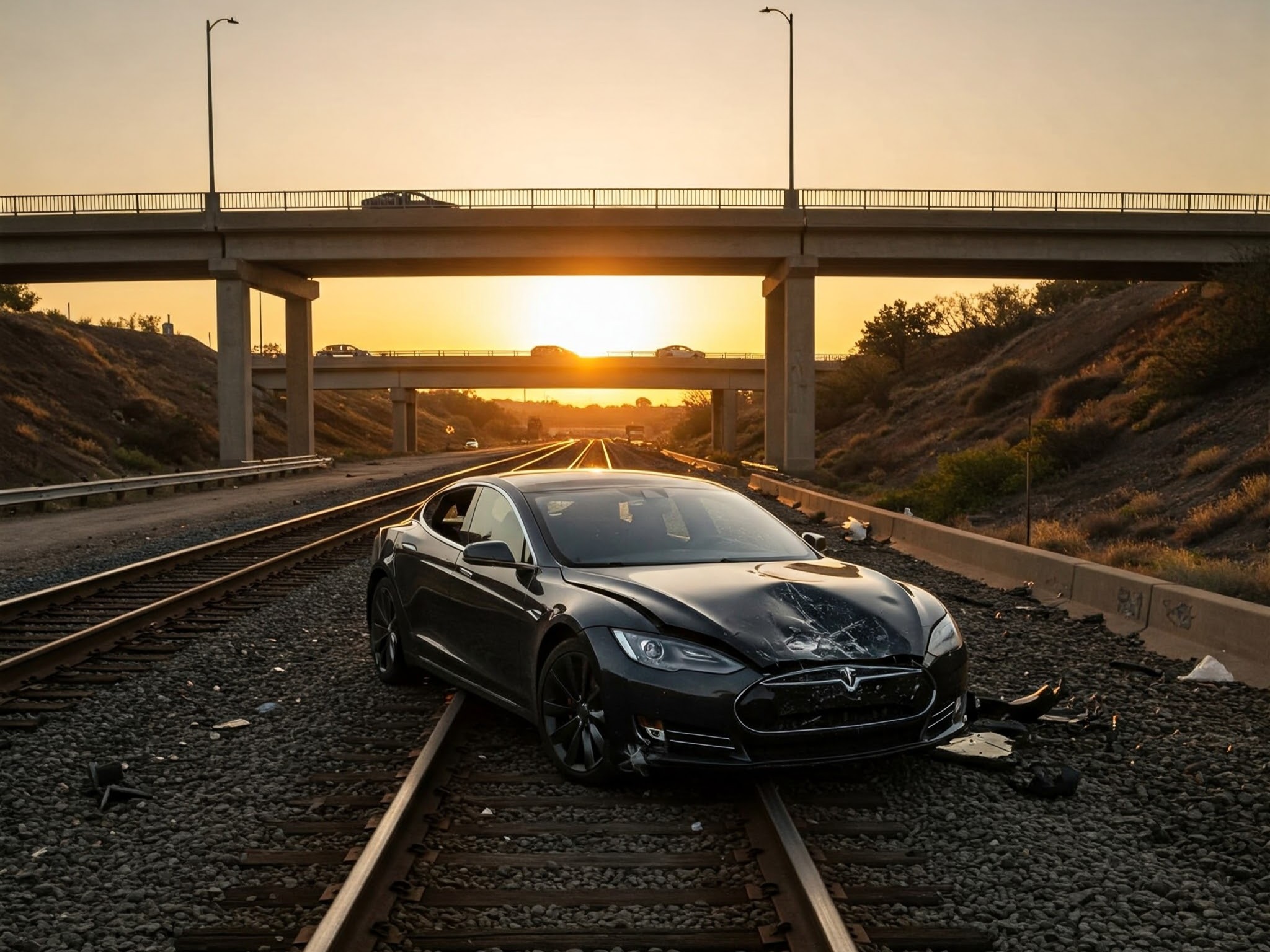 A car crashed on the railway. A train approaches from the background