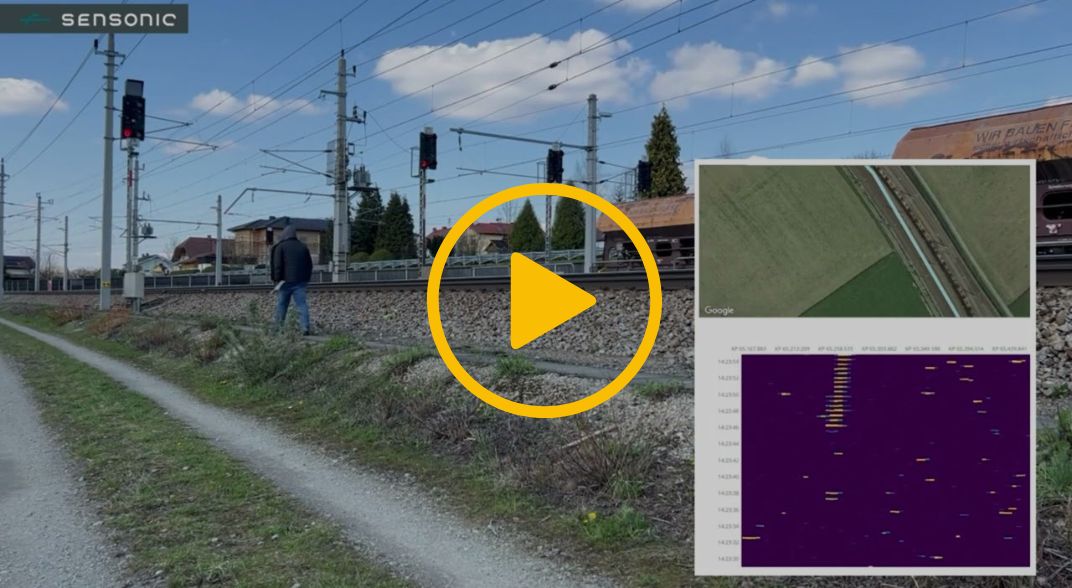 Sensonic railway walking detection video thumbnail. Inset are graphs showing security detection of people walking along the railway.