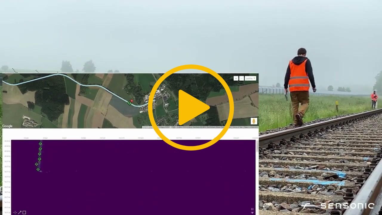 A video thumbnail with a play icon in the centre. A person is walking down the railway. Inset is a graph showing each footstep being detected. 
