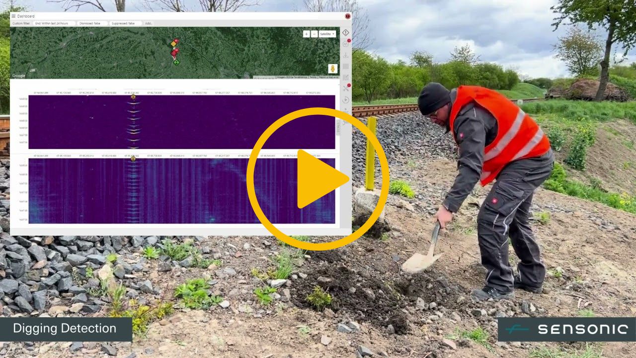A video thumbnail with a play icon in the centre - The video highlights railway security. A person is digging beside the railway. Inset is a graph showing each digging impact being detected as a security event.