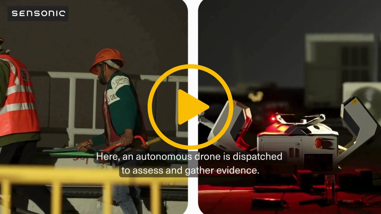 A video thumbnail with a play icon in the centre - On the left people on a railway track are handling the cable and carrying cable theft equipment. On the right a drone is about to take off from an autonomous pod. Screen caption text reads 