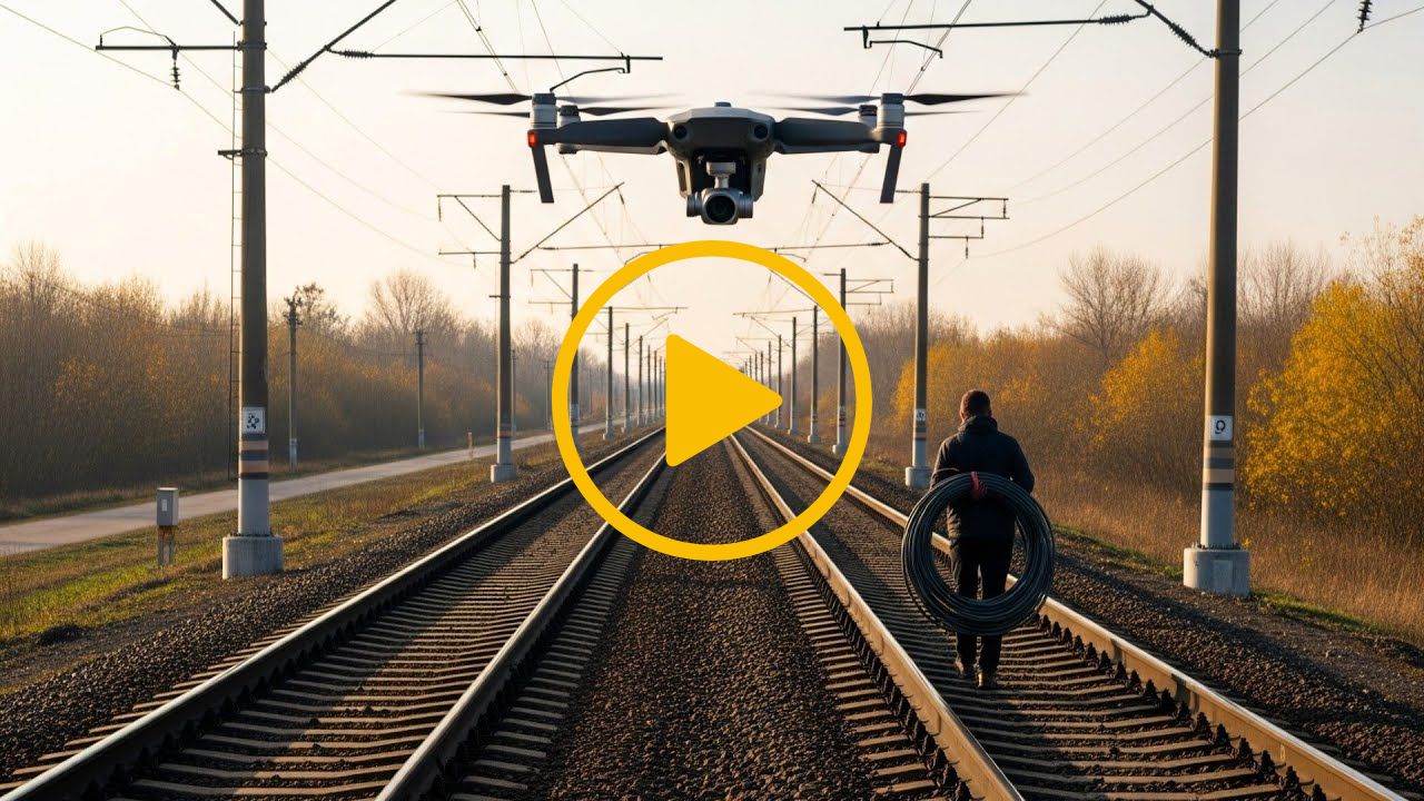 A video thumbnail with a play icon in the centre - A drone hovers above a railway watching a hooded person walking along the track carrying a coil of copper cable which they have presumably stolen.