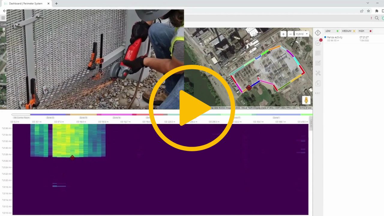 A video thumbnail with a play icon in the centre - The video highlights railway security. A person cutting through a fence using an angle grinder. Inset is a graph showing the vibration and security alerts generated.